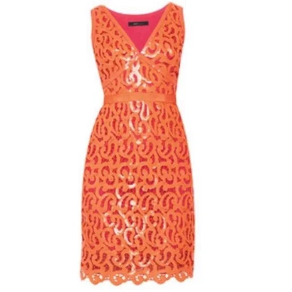 BCBGMAXAZRIA, Gabrielle Short Casual Dress in Orange Paisley sequin design..